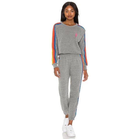 AVIATOR NATION Grey Neon Rainbow Bolt Embroidery Fleece Crop Sweatshirt, Size M - Picture 4 of 16